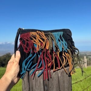 PATRICIA NASH Black Suede leather Multicolor Fringe Wristlet Bag Westen